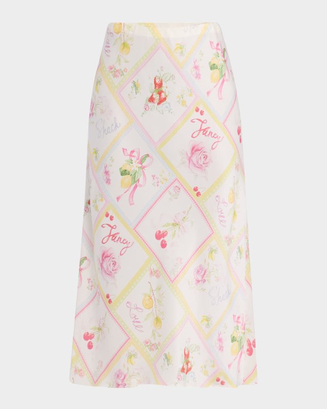 Castle Silky Fruit Print Midi Skirt